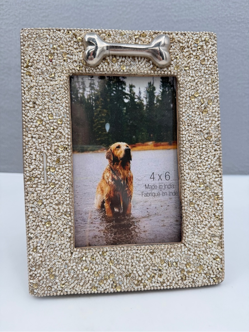 Sparkling Hues Gems Beaded Dog 4"x6" Free Standing Wooden Photo Picture Frame